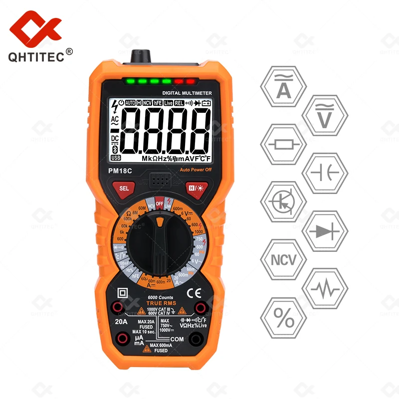 

QHTITEC 6000 Counts Multimeter Professional Digital Tester Polymeter True RMS AC DC Ammeter Voltmeter 3 In 1 NCV Ohm Electrician