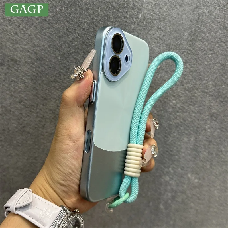 İş Kontrast Renk 2'si 1 Arada Hibrit Kılıf iPhone 13 14 15 16 Pro Max 15 16 Artı Lens Filmi PC El Zinciri Bilek Kayışı Kapağı