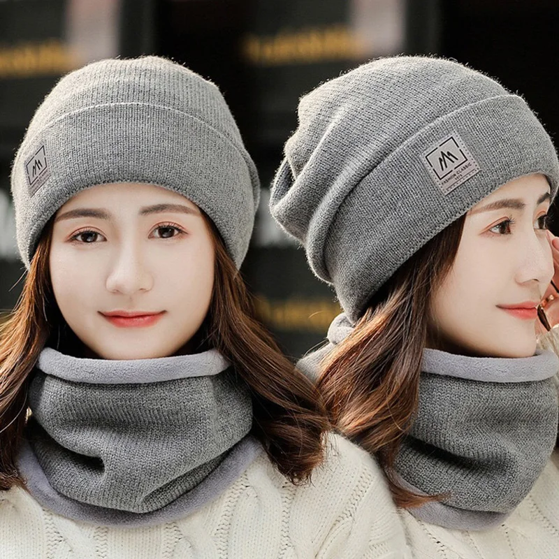 2Pcs/set Knitted Hat Scarf Women Winter Warm Solid Beanies Scarves Sets Outdoor Cycling Ear Protection Windproof Woolen Bonnet