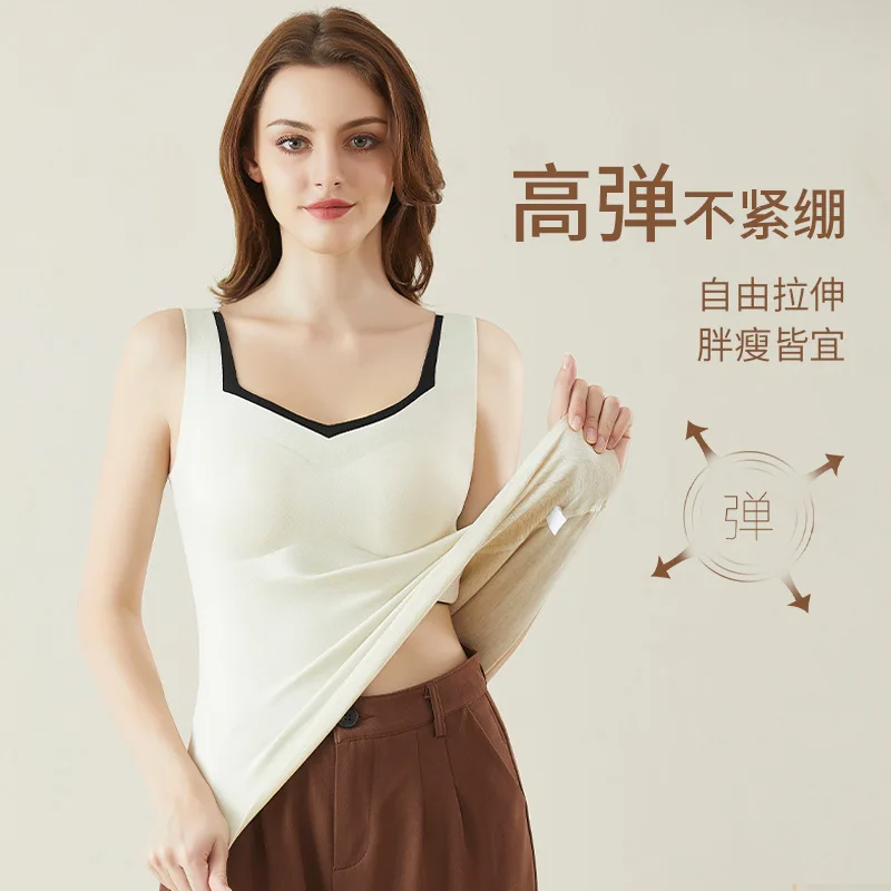 

Women's wool and silk thermal vest plus velvet padded seamless high elastic slim thermal underwear skin care clothing.