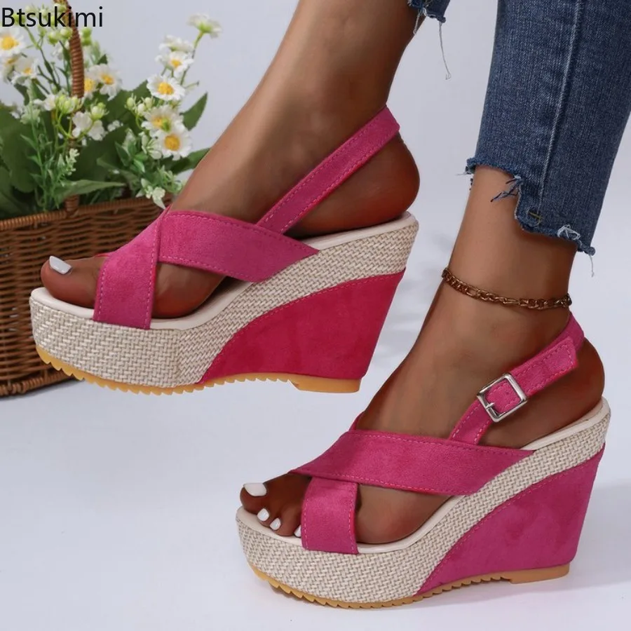 

New Women's Summer Wedges Sandals Fashion Peep Toe Thick Soled Platform Shoes Ladies Solid Buckle Strap Comfort Casual Sandalias