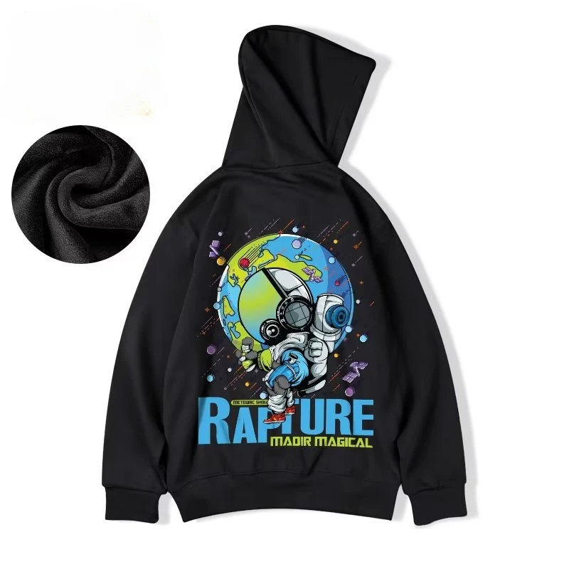 M-8XL Oversized Hoodies Men American Cartoon Astronaut Print Hoodie Loose Student\'s Large Soft Velvet Hooded Sweater