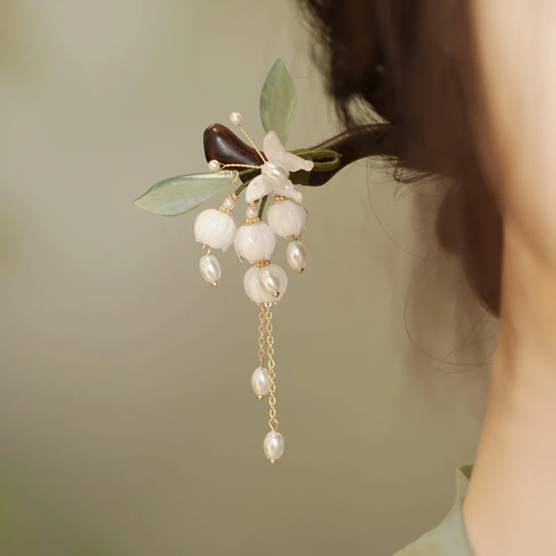 Lotus Flower Peach Wood Glass Rice Beads Long Fringe Hair Claws for Women Vintage New National Tide Temperament Head Accessories