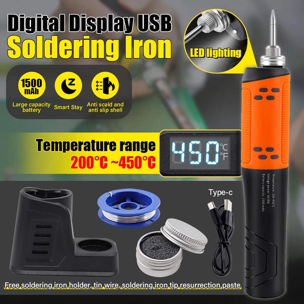 طقم مكواة لحام محمولة مع شاشة رقمية، درجة حرارة قابلة للتعديل، أداة لحام وإصلاح ذكية قابلة لإعادة الشحن عبر USB