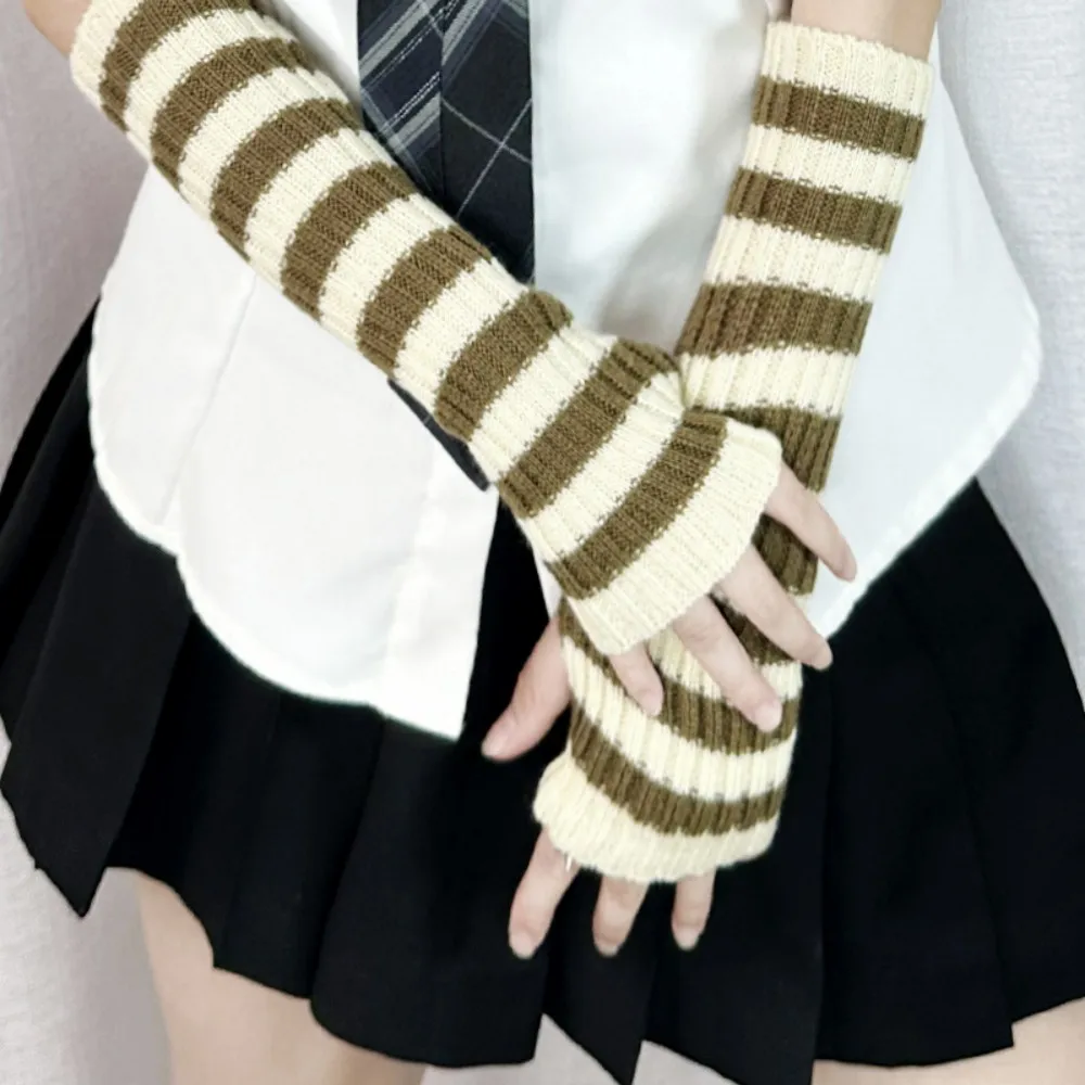 Warm Arm Warmers Women Wrist Elbow Thermal Glove Hand Arm Warmers Striped Knitted Woolen Elbow Mittens Cosplay Arm Sleeves