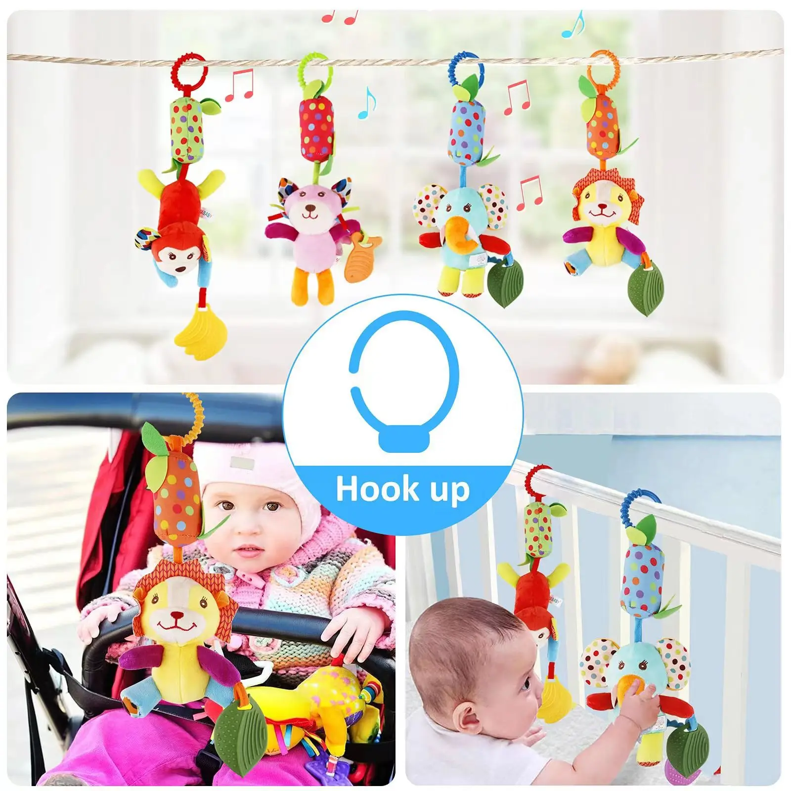 Baby Soft Hanging Rattle Crinkle Squeaky Toy Pendant Rings Plush Animal Stroller Infant Trolley Car Bed Crib Hanging Wind Chimes