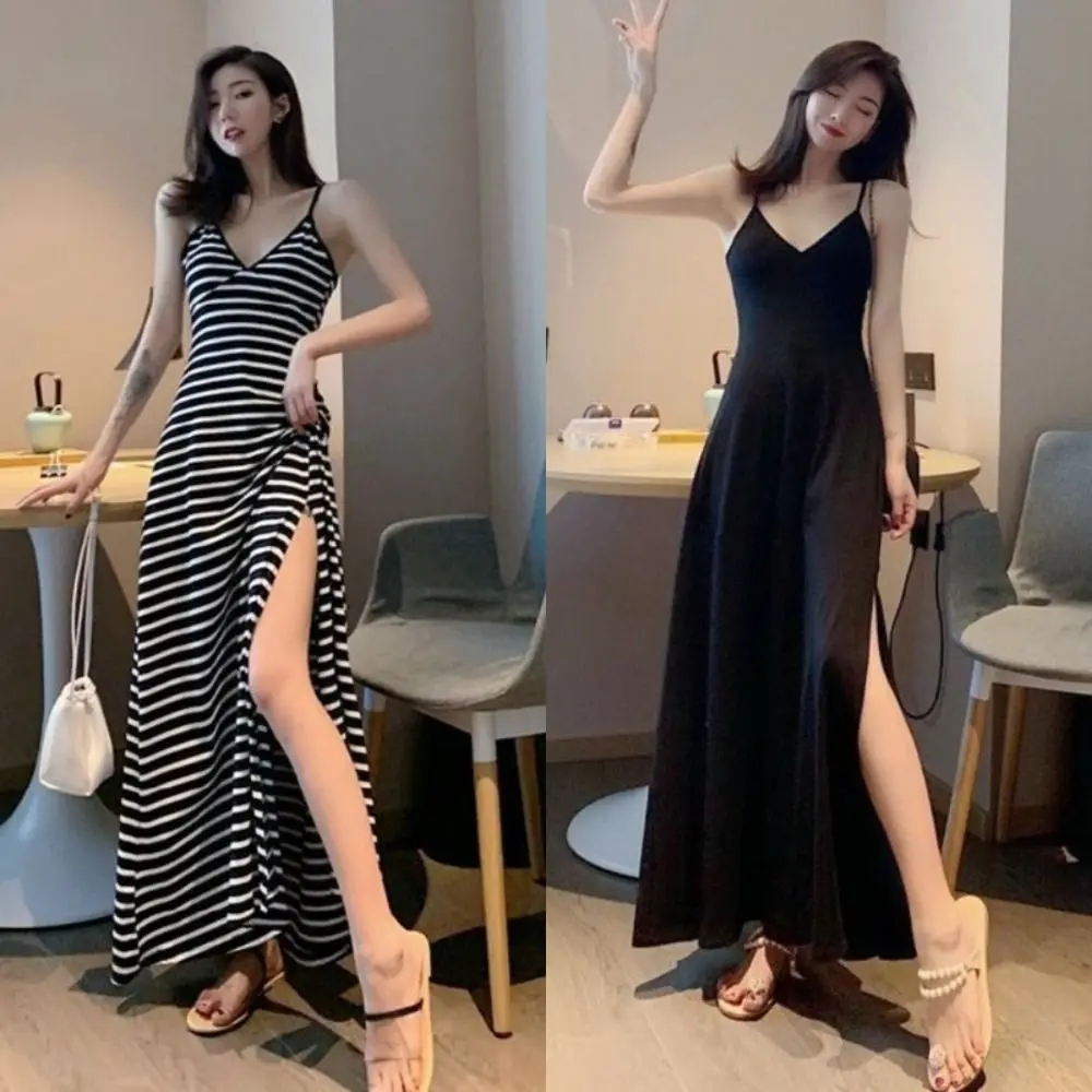

Модное полосатое тонкое платье на бретелях, длинное платье трапециевидной формы с v-образным вырезом без рукавов, уличная одежда с разрезом по бокам, пляжный сарафан для отдыха для девочек