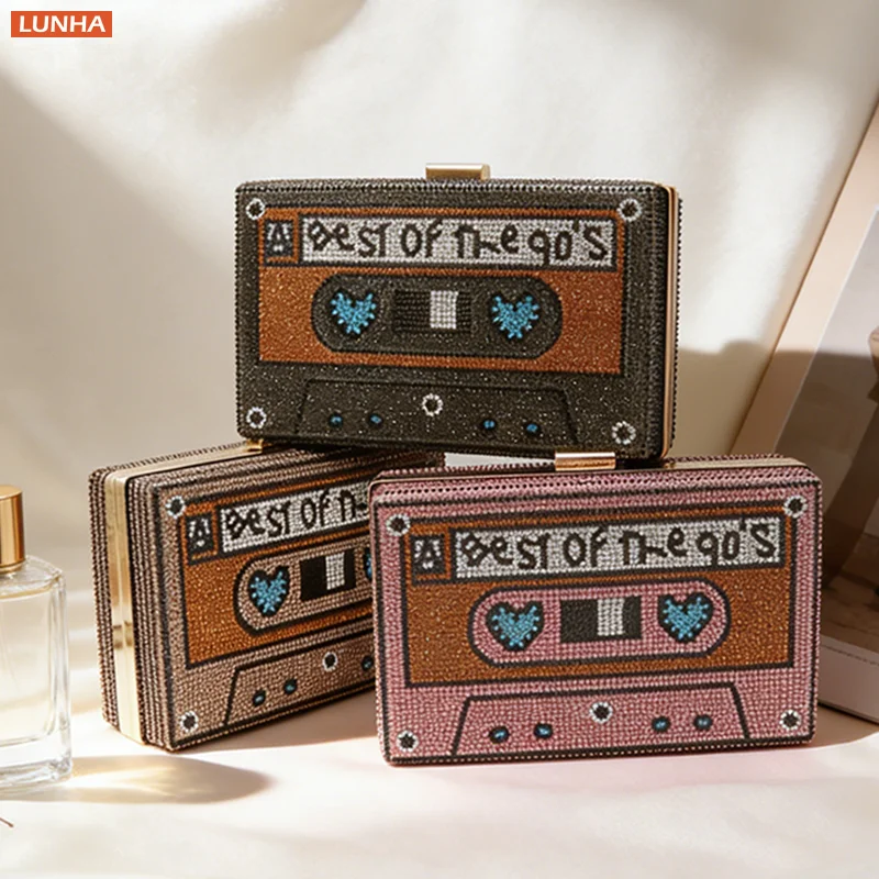 

Женский роскошный вечерний клатч со стразами, блестящий прямоугольный жесткий чехол, радиокассета, сумка для свадебной вечеринки, выпускного вечера