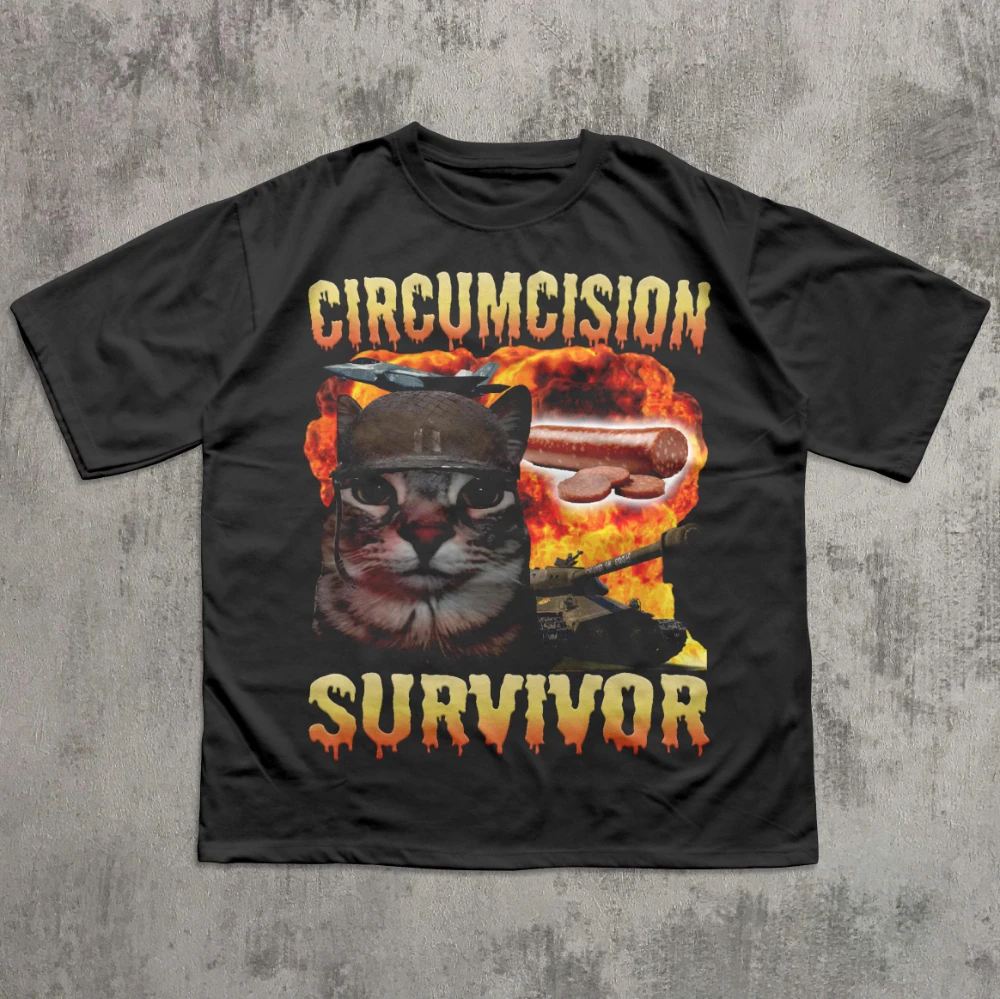 

Circumcision Survivor Funny Cat Meme T-shirt Brainrot Shirt Ironic Tee Unhinged Clothes Inappropriate Tshirt Oddly Weird Tees