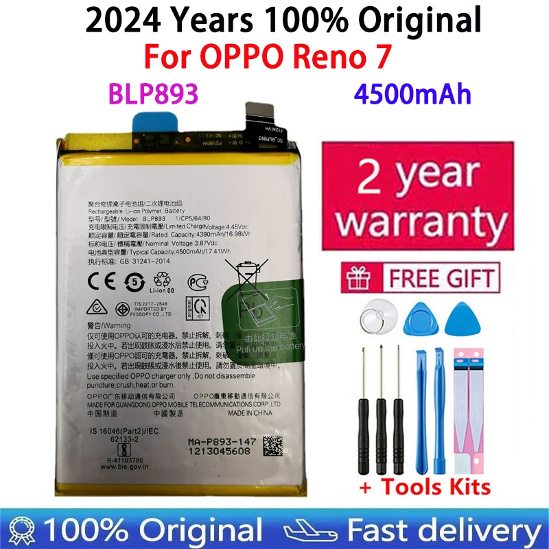 

2024 Years 100% Original BLP893 4500mAh Battery For OPPO Reno7 / RENO 7 Repair Part Capacity Phone Batteries Fast Shipping