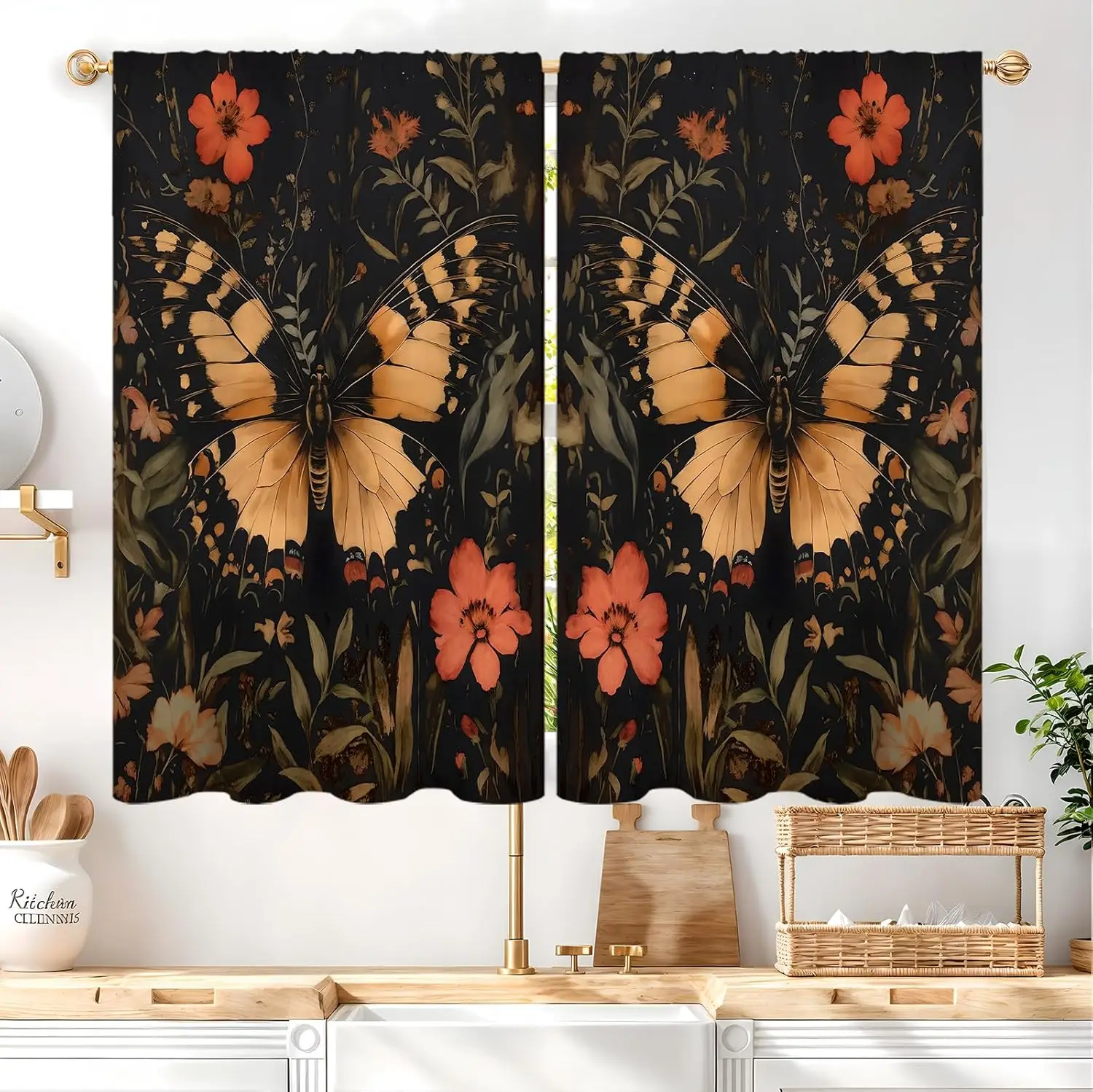 Butterfly Floral Kitchen Curtains 2 Panels Dark Black Flower Vintage Aesthetic Watercolor Botanical Small Short Cafe Tier Leaf