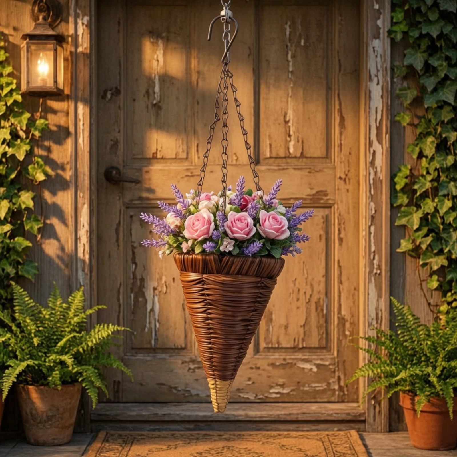 Cone Hanging Basket with Chain Rattan-Style Cone Hanging Basket Weather-Resistant Space-Saving for Porch, Garden