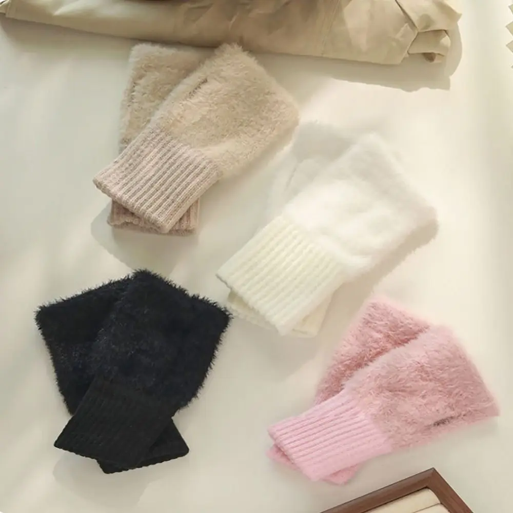 1 زوج بسيط ألياف البوليستر قفازات محبوكة لينة الدافئة العزل أصابع قفازات نصف اصبع قفازات الشتاء #4