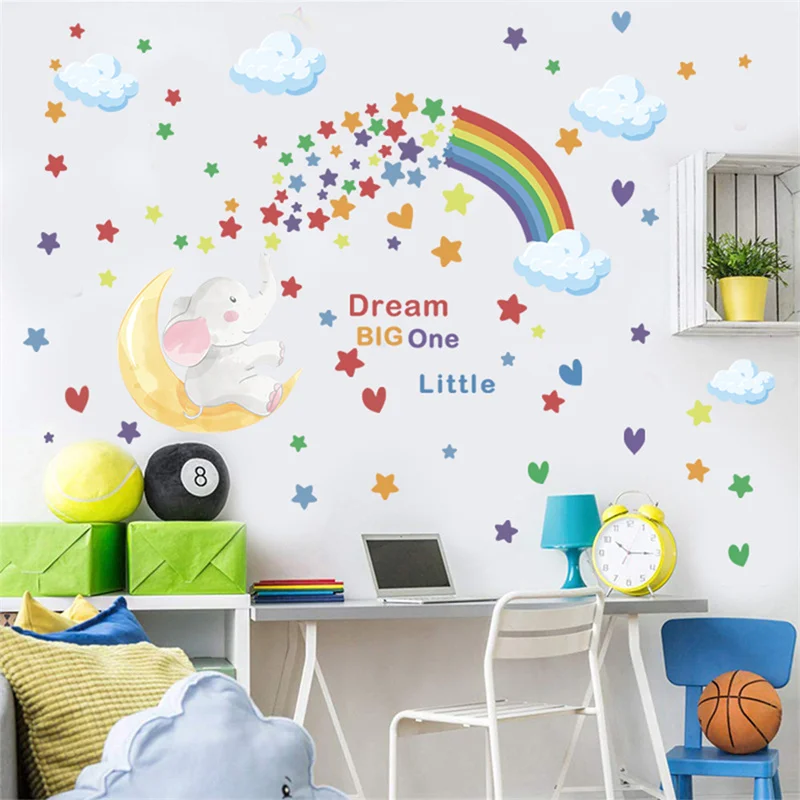 Dream big one little rainbow elephant moon star cloud Wall Stickers Bedroom Living Room Wall Decoration decoration chambre