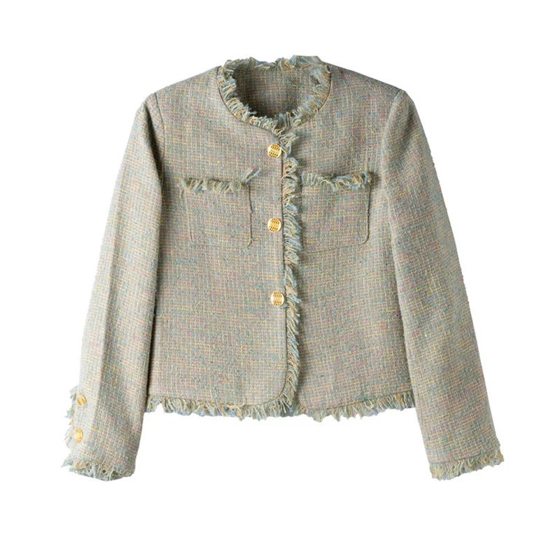 

Spring/autumn coarse tweed green coat new high-end short small fragrant style women's top