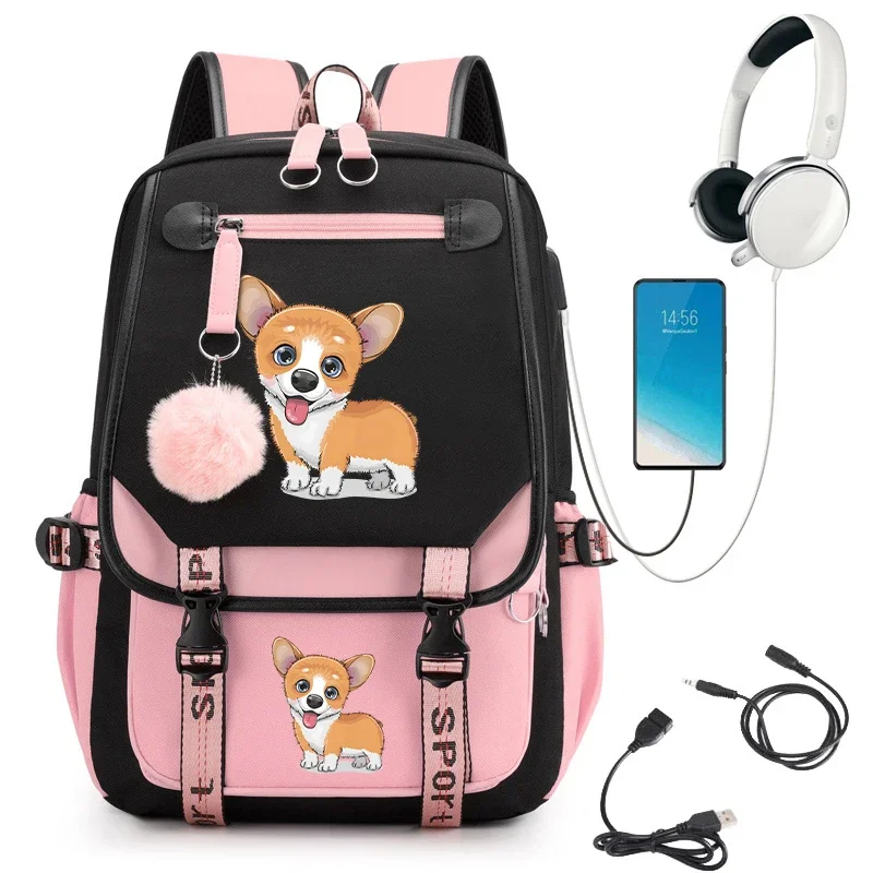 Cute Dog Corgi Print School Backpack Bag for Teenager Girls Cartoon School Bag Anime Students Usb Bookbag Animals Manga Bagpacks