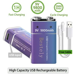 Bestely New 9V Rechargeable Lithium Batteries 9800mAh Fast Charging Long Lasting with Cable for Smoke Detector Multimeter Mic
