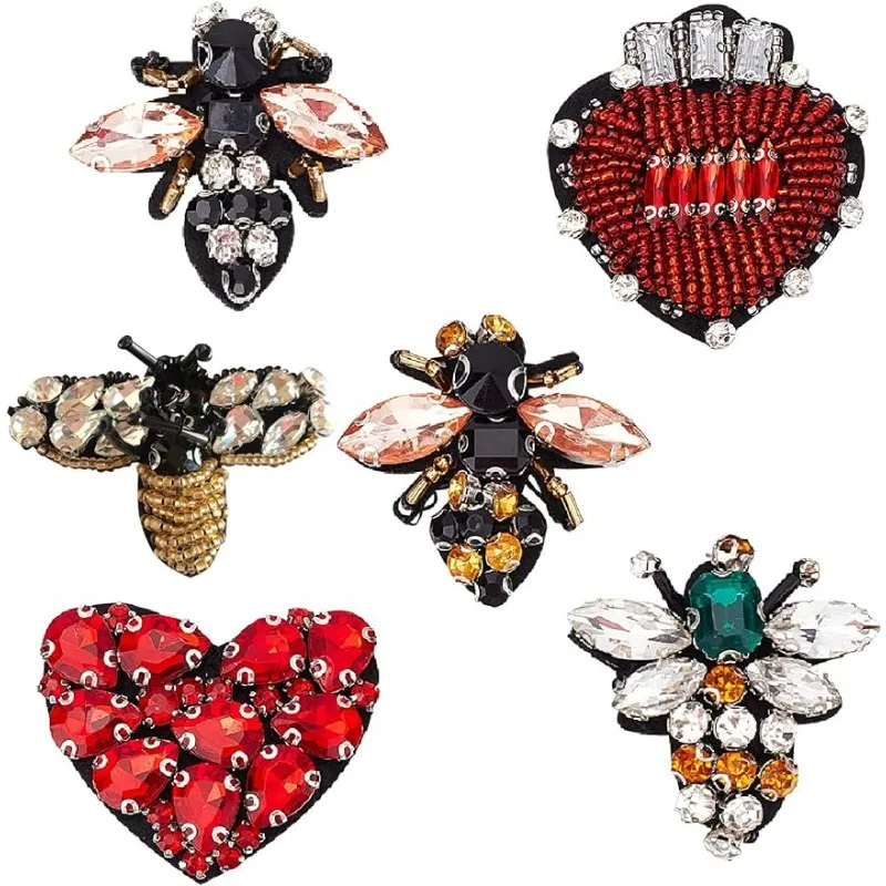 6-teilige Perlen-Strass-Aufnäher in Herzform, Bienenform, Kristall-Applikation, Stoff, zum