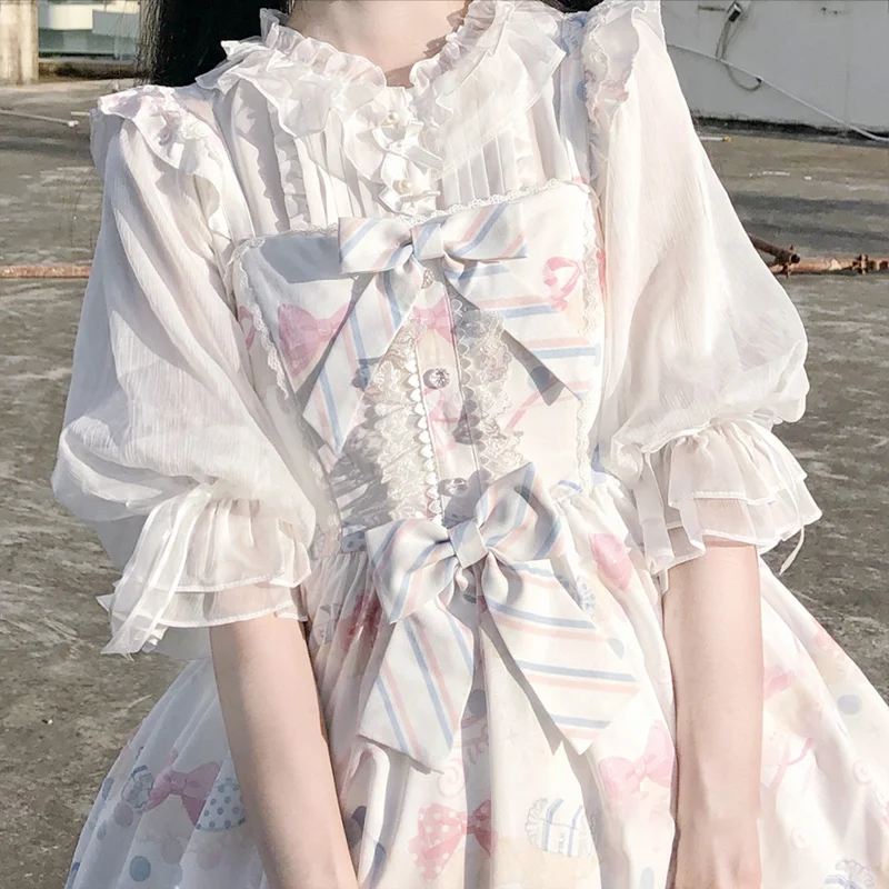レトロバブルスリーブシャツ女性夏クリームロリータ半袖シフォンボトリングシャツとトップ蝶ネクタイは取り外し可能