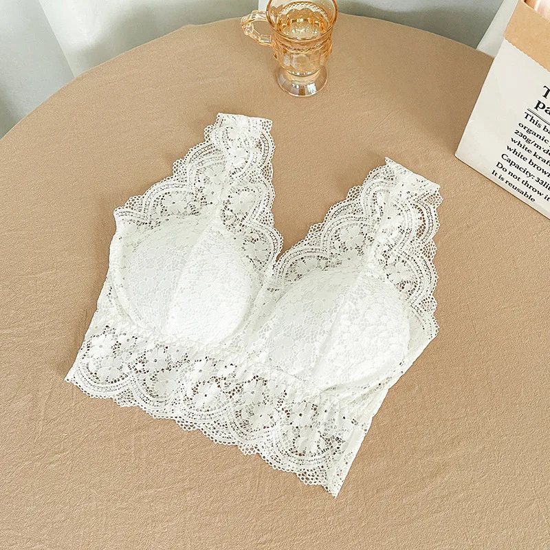 Spitzen-BH-Top mit tiefem V-Ausschnitt, Damen-Bralette, kurzer Spitzen-Tank-BH, sexy Dessous, bügellose Unterwäsche, gepolsterter Cropped-Camisole-BH – Detail 6