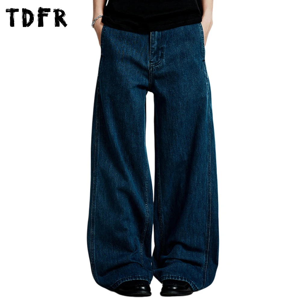 

Basic Blue Jeans Mens Pocket Simple Retro Casual Baggy Washed Distressed Wide Leg Denim Pants Man