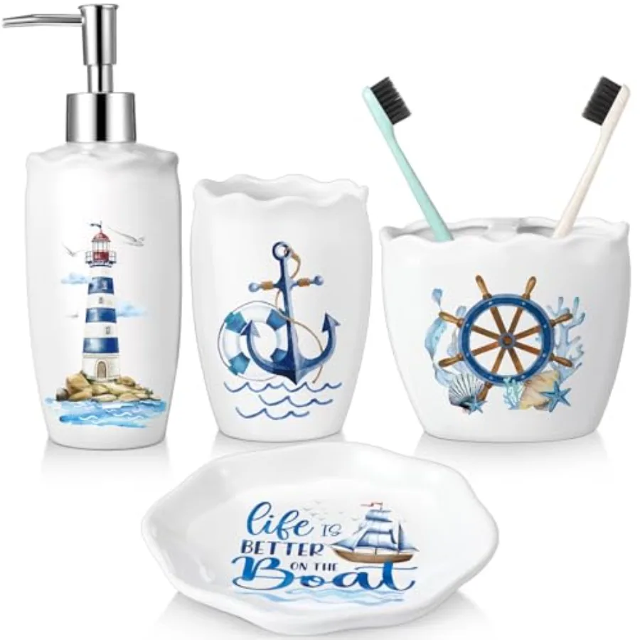 

Набор аксессуаров для ванной комнаты из 4 предметов: дозатор для мыла, стакан, держатель для зубных щеток, мыльница в стиле прибрежного маяка, компаса, якоря, парусника