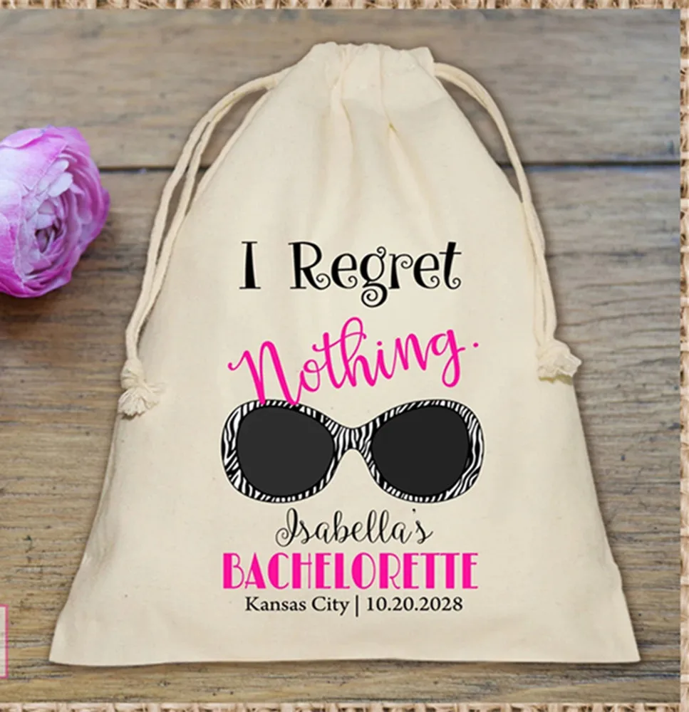 20pcs Bachelorette Party Muslin Bag -Hangover Kit-I regret nothing Zebra Sunglasses - Mini Favor bag-custom muslin bag