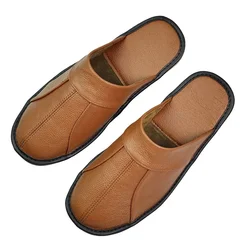 Men's Luxury Cow Split Leather Handmade Men Home Slippers Spring Slip on Soft Comfortable Black Brown Bedroom Indoor Flat Shoes