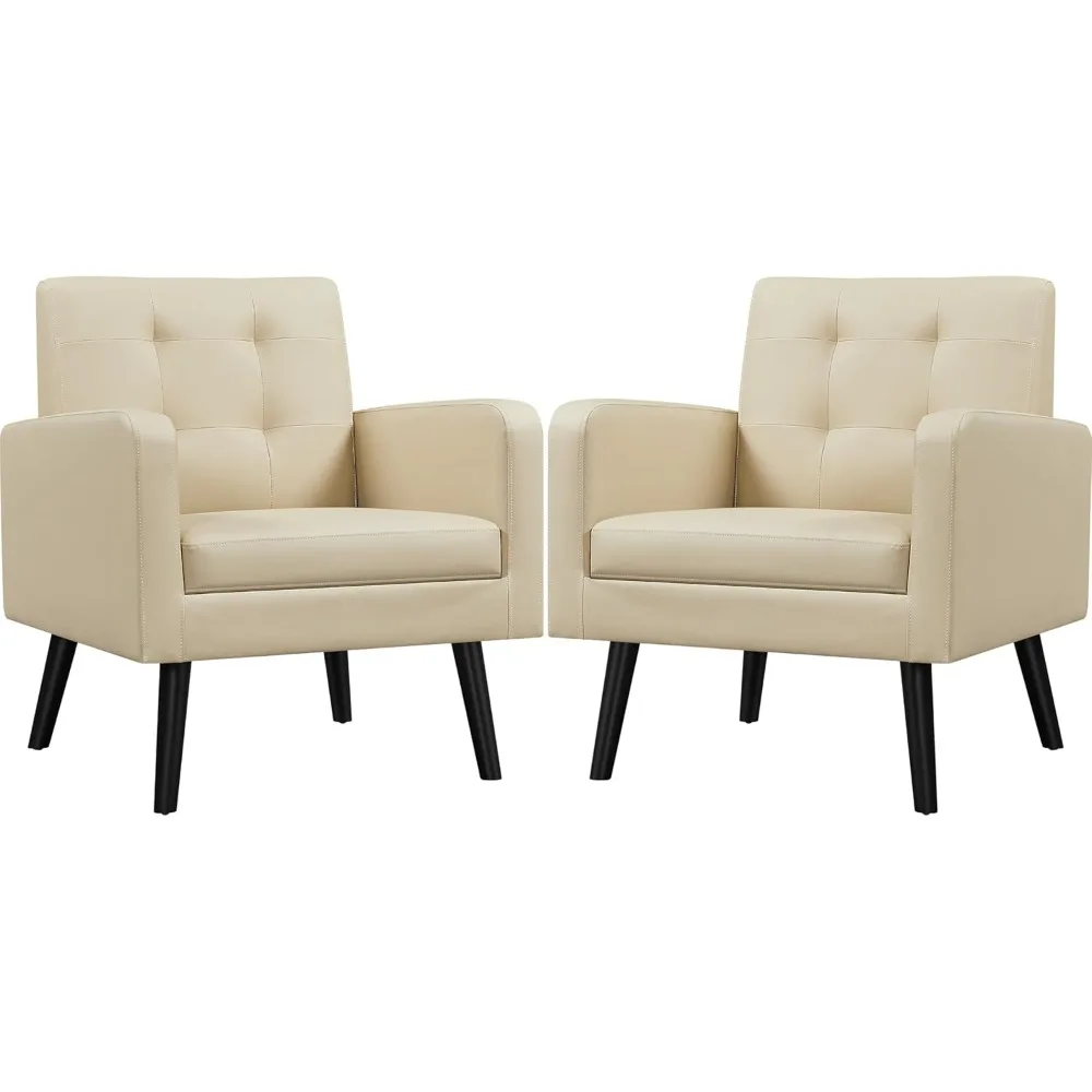 

Mid-Century Accent Chairs, PU Leather Modern Upholstered Living Room Chair, Cozy Armchair Button Tufted Back and Wood