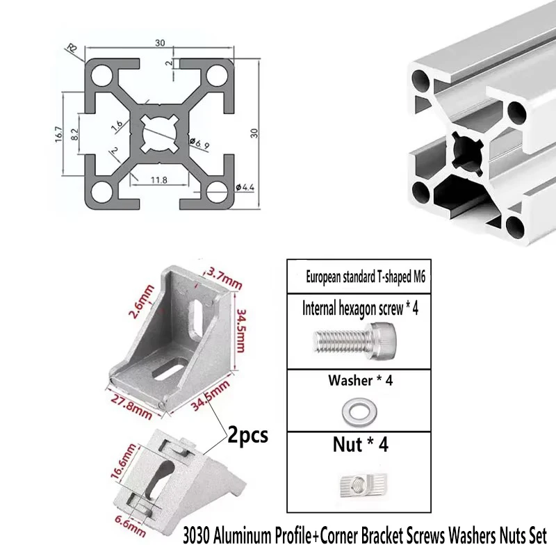 100-550mm Linear Rail Extrusion CNC 3D Printer Parts 3030 Aluminum Profile and Aluminum Corner Bracket Screws Washers Nuts Set