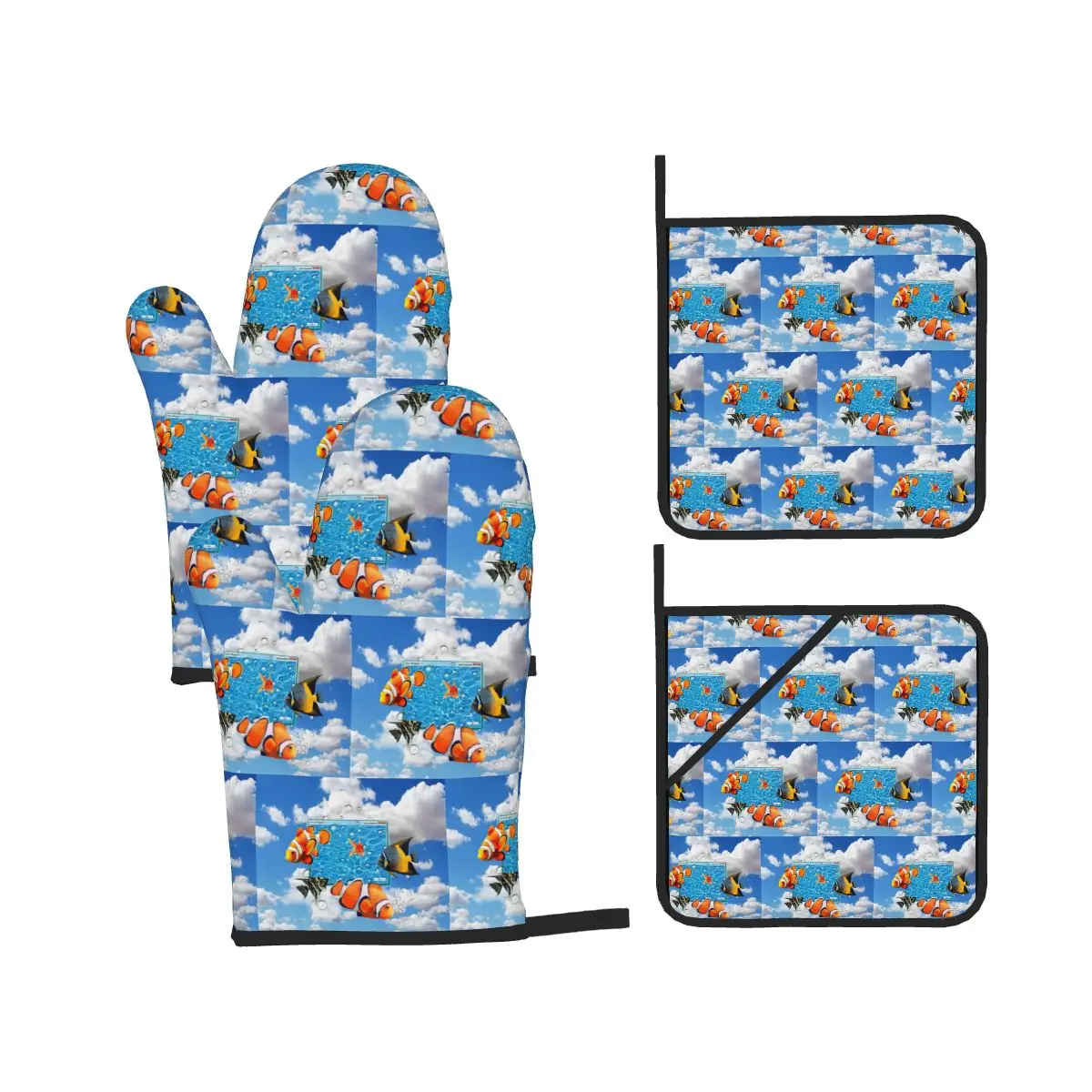 Swimming Frutiger Aero Fish Oven Mitts and Pot Holder Sets of 4 for Baking Kitchen Cooking BBQ Resistant Non-Slip Gloves