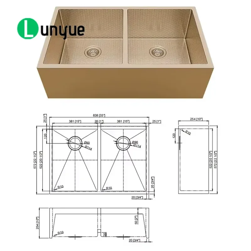 Farmhouse Kitchen Apron Front Sink Handmade Brushed Stainless Steel Honeycomb Embossed Double Bowl Rectangle Modern Style