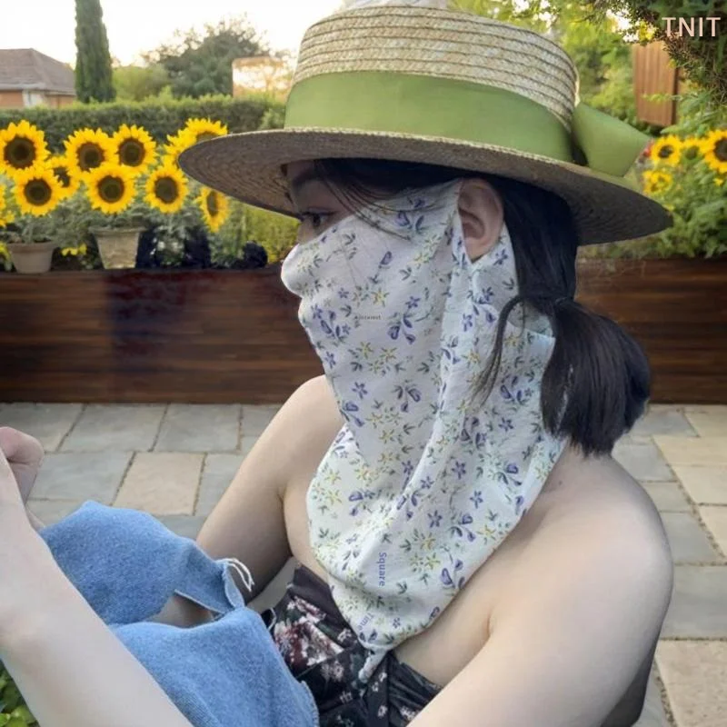 [J] Flowers Summer Sunscreen Mask Full Face Ultraviolet Female Thin Section Cover Face Veil Mask Neck Neck Protector