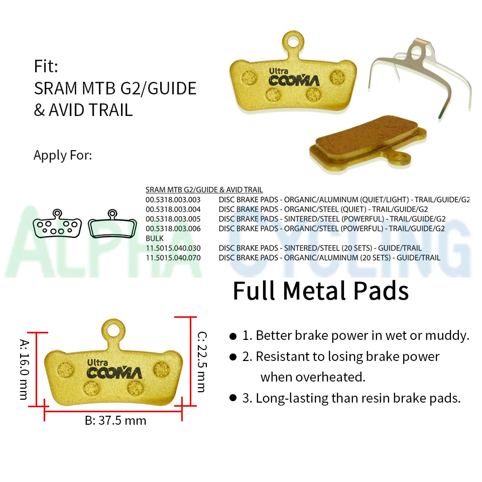 4 Pairs, Full Metal Bicycle Disc Brake Pads for SRAM G2 Guide Ultimate, RSC, RS, R Avid X0 Trail Elixir Trail, Ultra Class