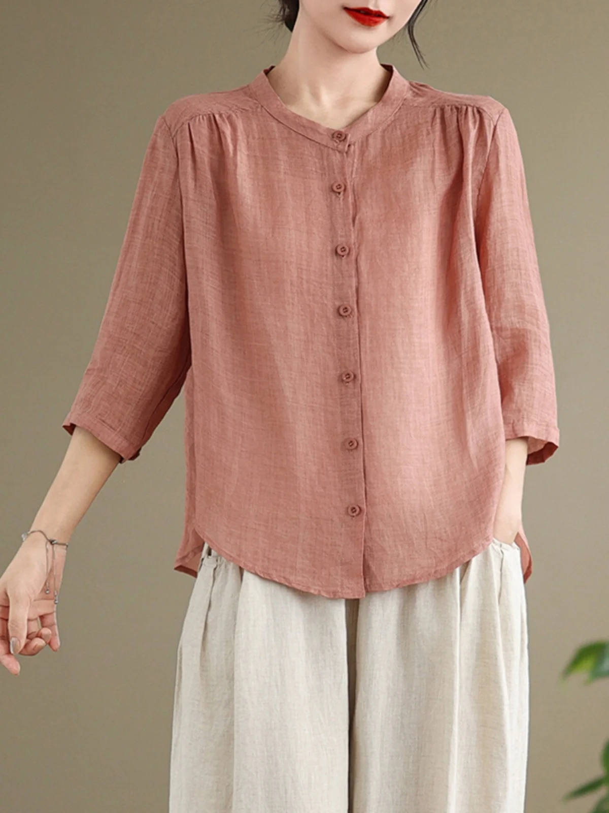 2024 verano Faion mujer algodón Lino siete-Sve Casual irt y pantalones Harlan conjunto de dos piezas redondo Ne Button-Up Sle