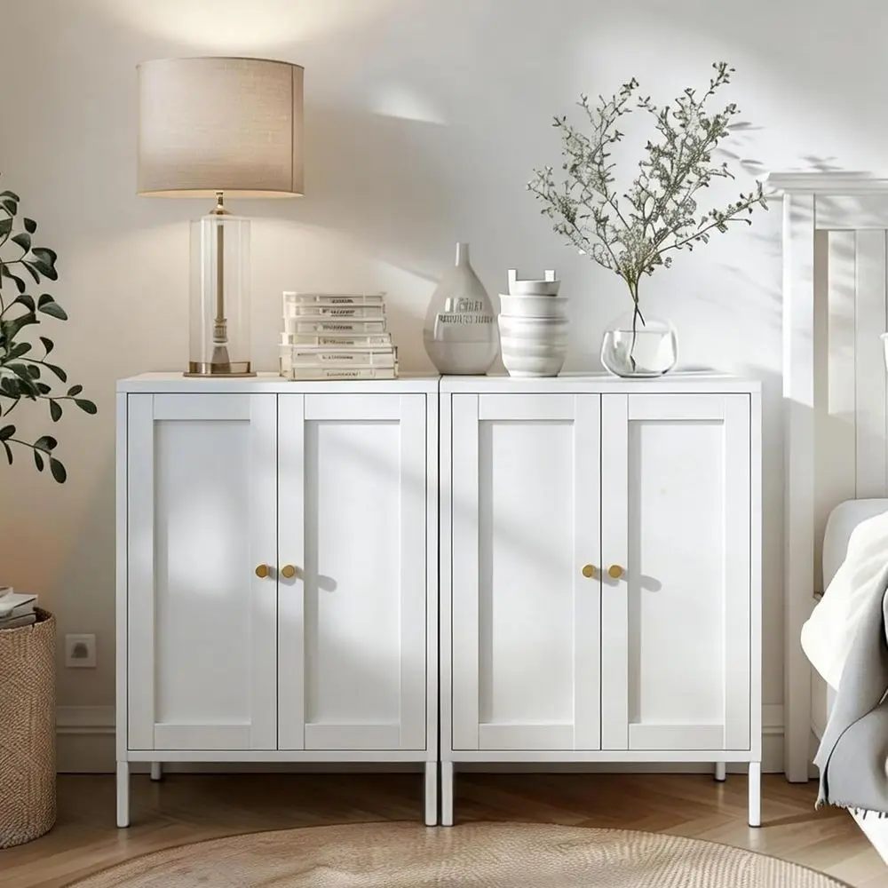 

Compact White Bathroom Storage Cabinet with Metal Doors and Short Height