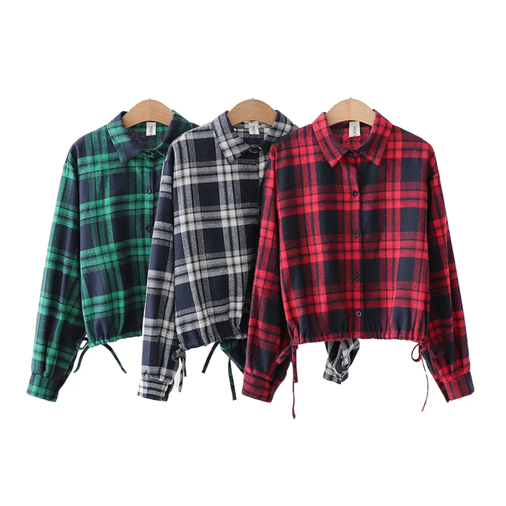 Red Plaid Vintage Short Polo-Neck Long Sleeve Single Breasted Women\'s Blouse Shirt Korean Fashion Female Clothing Tops Autumn