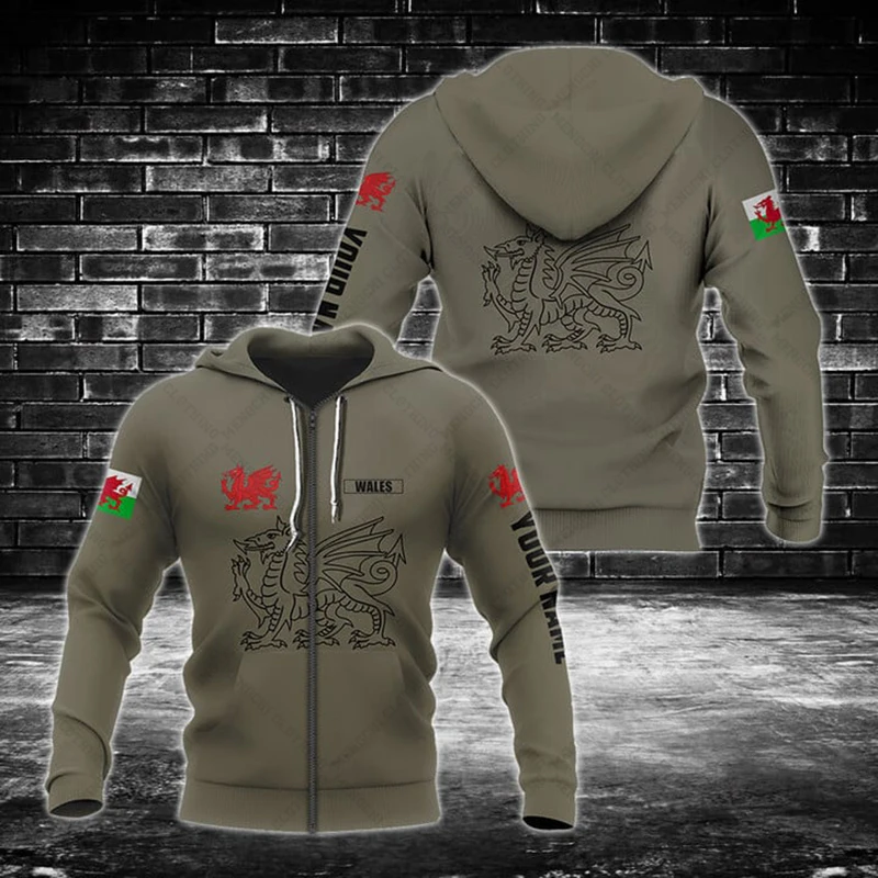 Customize Wales Symbol Camo 3D Printed Zipper Hoodies Unisex Oversize Sweatshirts Winter Casual Streetwear Tops Pullover