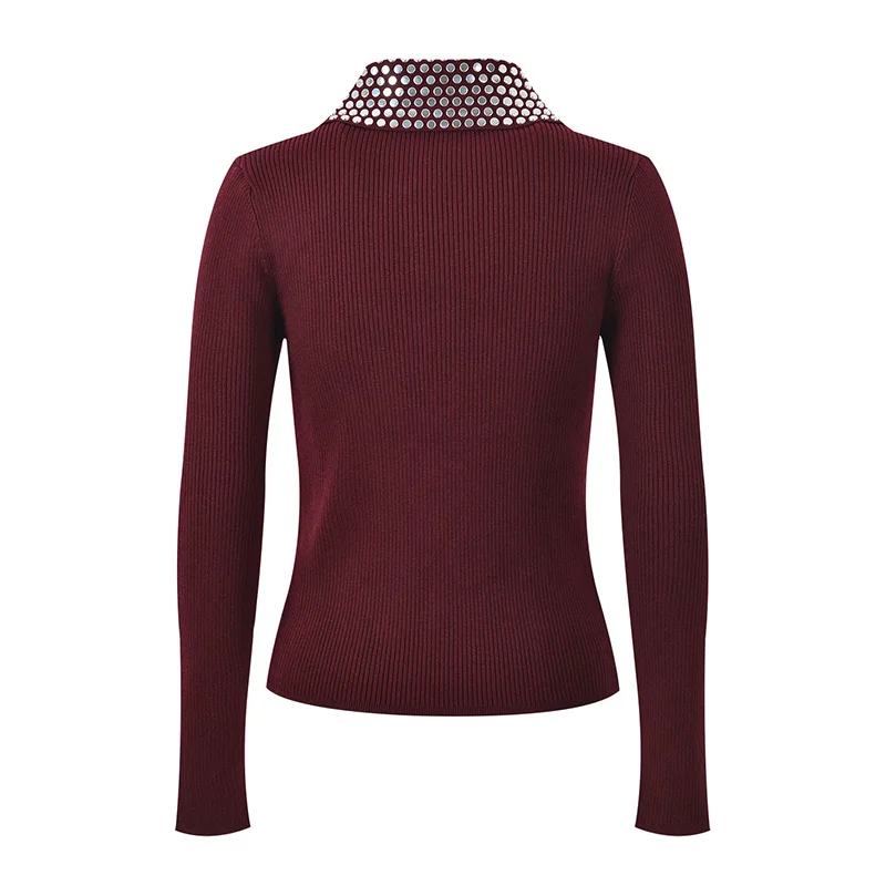 New temperament royal sister slim body wine red heavy industry lapel hot drill knit bottom coat