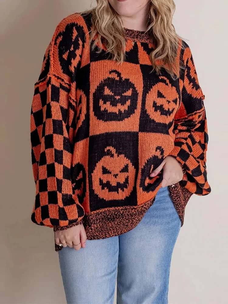 Autumn Winter Loungewear Halloween Pullovers, Women O Neck Fashion Pumpkin Printing Sweaters, 2024 Simple Loose Fit Ladies Tops