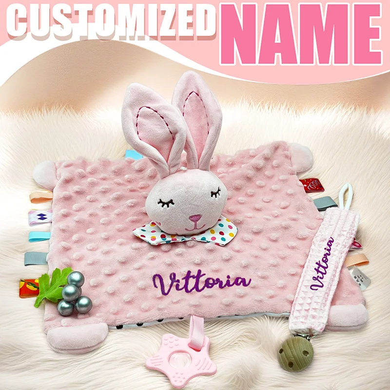 

2 Pcs Personalized Embroidered Baby Comforter with Bebe Nipple Holder Custom Baby Blanket for Baby Shower Gifts Newborn Gift