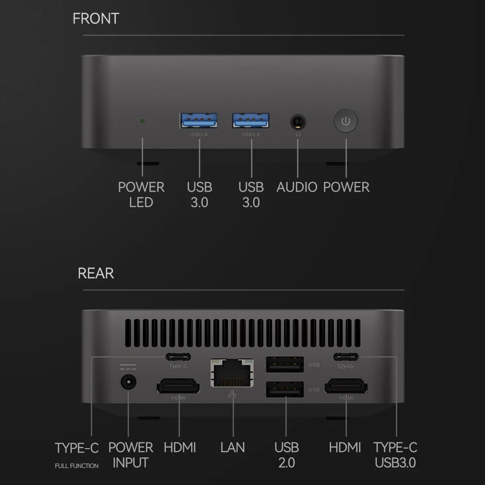 PC Mini portabel prosesor Inter Gen 12 N100 dengan 2xHDMI 1xFull funtion TYPE-C 2xUSB3.0 2xUSB2.0 mendukung komputer Win10 Linux