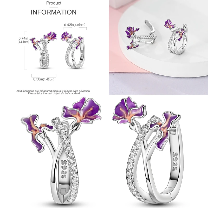 925 Sterling Silber Creolen Schmetterling Regenbogen Blume Tulpe Iris Lila Hängeohrringe Schmuck Geschenk für Frauen Mädchen – Detail 15