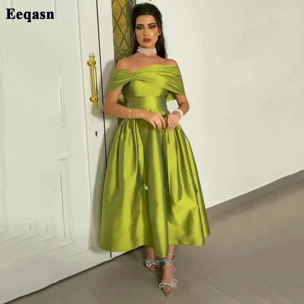 

Eeqasn A Line Short Saudi Arabia Formal Prom Dresses Satin Cap Sleeves Ankle-Length Women Evening Party Gowns Bridesmaid Dress