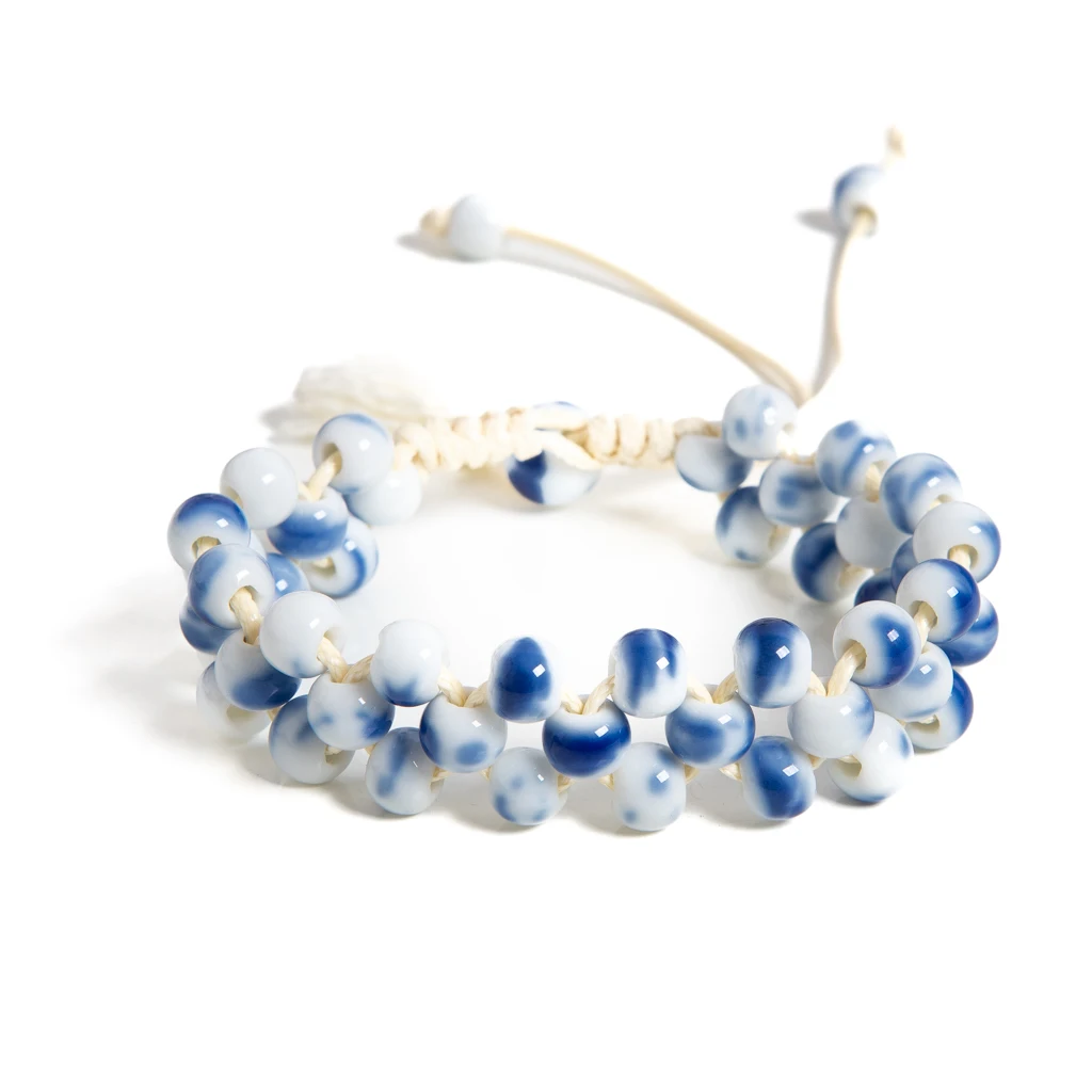 Wide Blue and White Ceramic Beaded Bracelet Handmade Adjustable Braided Rope Retro Ethnic Style S03-118
