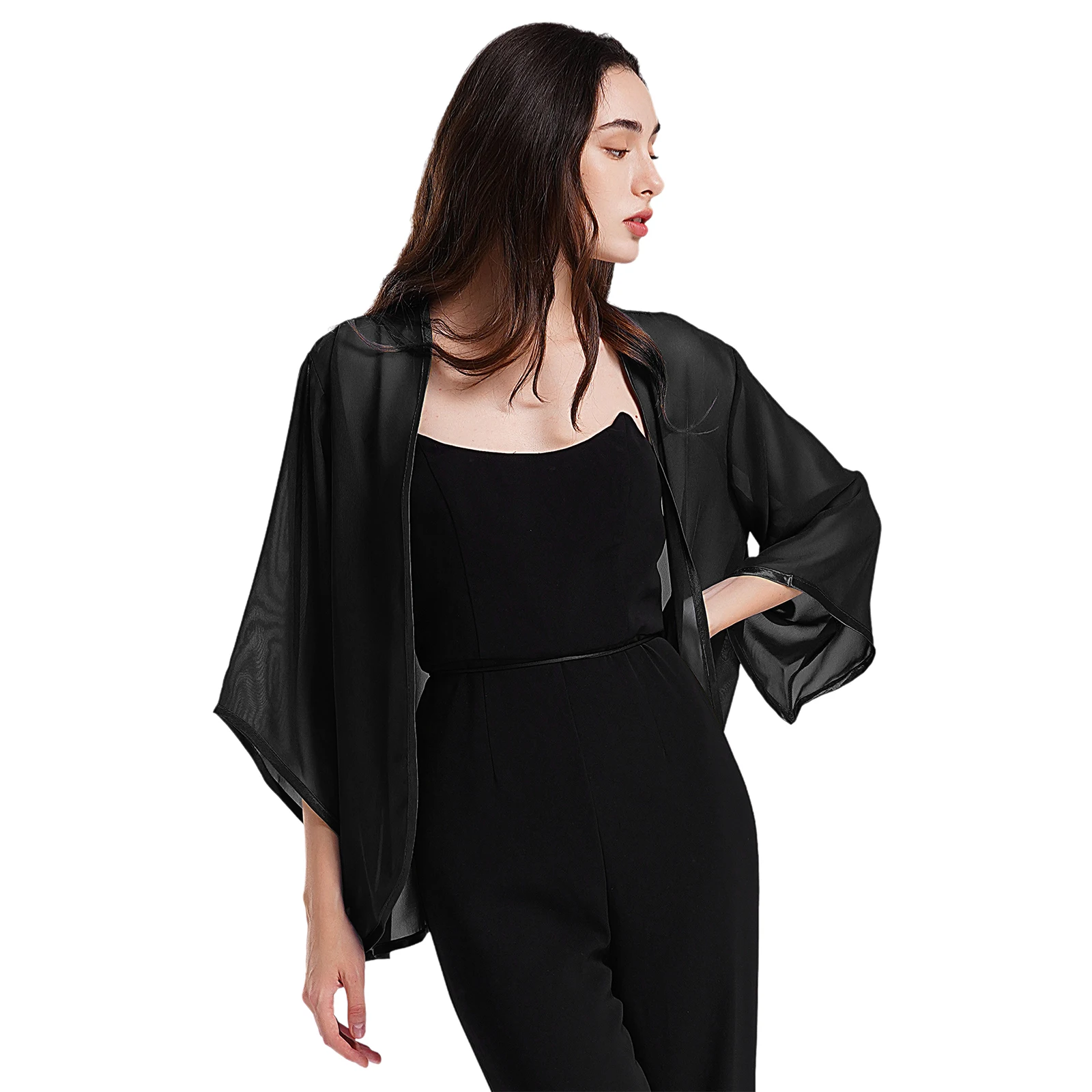 Doorschijnende Chiffon Cardigan Sjaal Voor Dames Koreaanse Elegante Casual Losse Losse 3/4 Mouwen Open Voorkant Shaps Cover-Ups Strandkleding Shirt