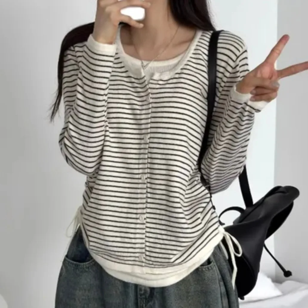 

Ele Vintage Long Sve Knitted Sweater Fake Two-Piece round Ne Women's Faion Versatile Autumn Winter Age-Defng