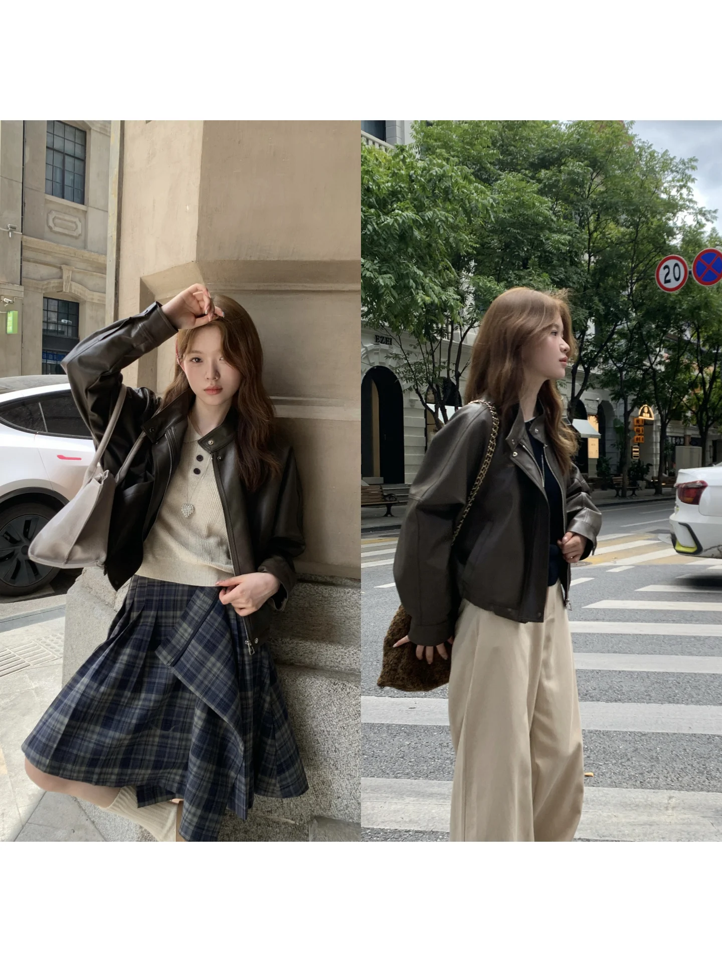 

OONA Motorcycle PU Leather Jaet Women's Spring Autumn American Retro Brown Stand Collar ort Coat Loose Fit Long Sve