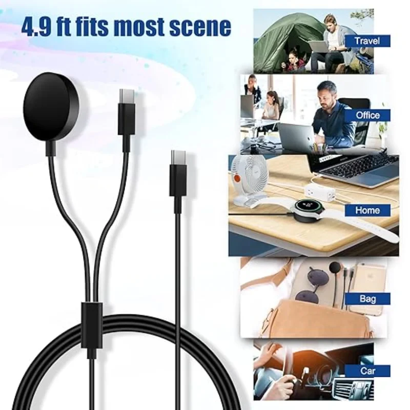 Carregador de substituição para relógios Samsung Galaxy Watch 8/7/Ultra/6/6 Classic/5/5 Pro e telefones com entrada Tipo-C (3,93 pés/120 cm)