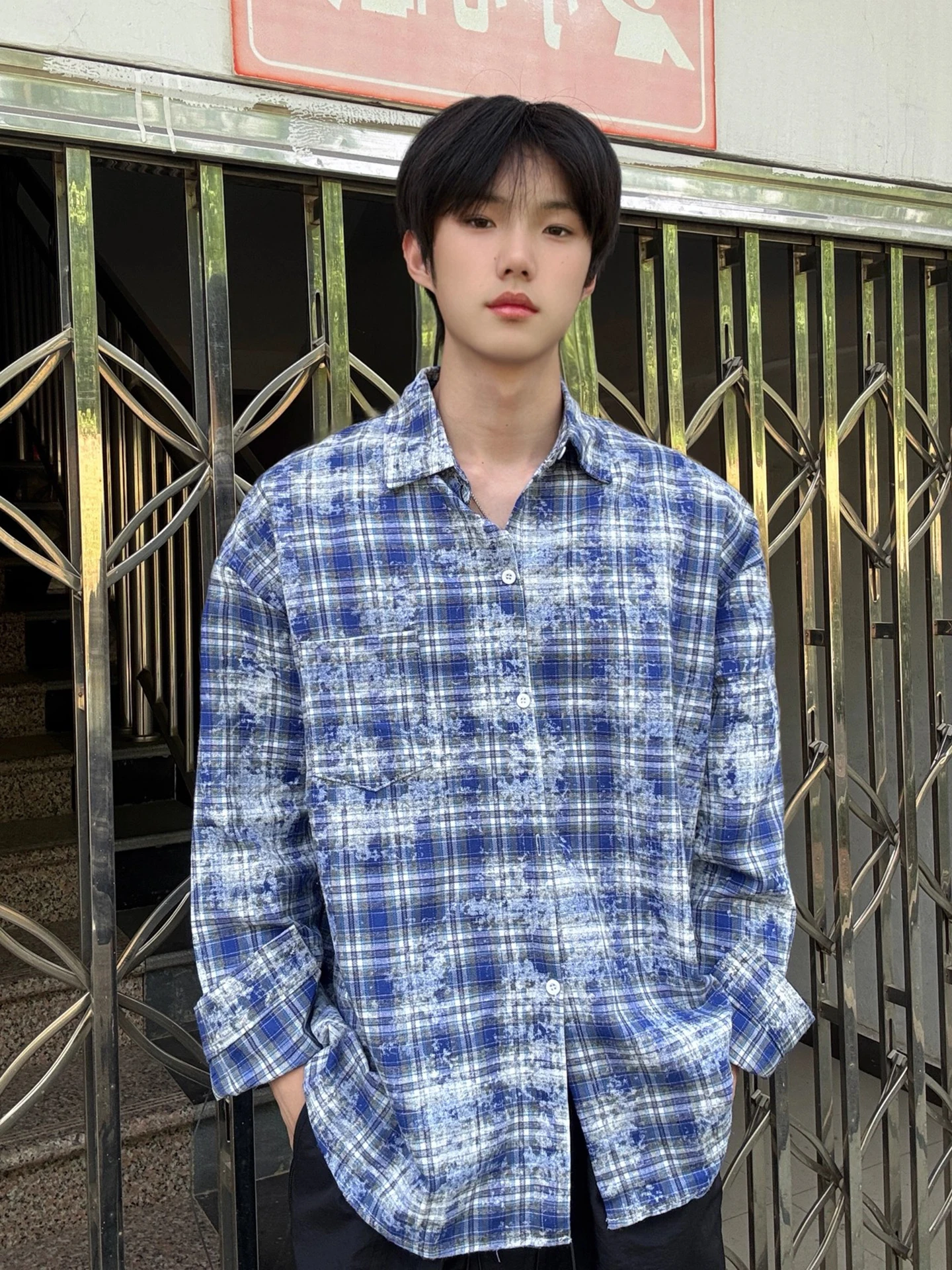 

Blue Dyed Plaid Men's Summer Long Sleeve Shirt Thin Outerwear Standard Fit Youth Trendy Moisture Wicking Long Shirt Collar Bu...